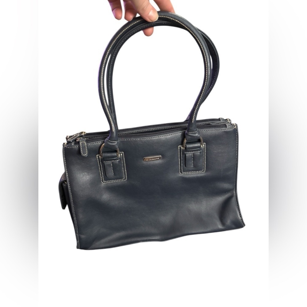 Vintage Chic Navy Faux Leather Satchel with Lots of Storage and Silver Accents